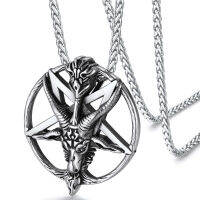 U7รูปห้าเหลี่ยมกลับ Baphomet เคลือบสีเงิน Pewter สร้อยคอจี้หัวแพะ