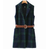 2021SheBlingBling Za Woman Casual Traf Jacket Autumn Sleeveless Open Stitch Patch Pockets Long Coat Vest Belted Green Plaid Gilets