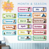 16Pcs Season Month Of The Year Cognitive Flash Cards For Kids English Educational Learning Materials For Kids English Words Flashcards Preschool Kindergarten Children Pocket Card Activity Card Game Toy For Boy Girl Teaching Aids Classroom Decoration