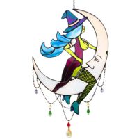 Halloween Witch On Moon Decor Stained Suncatchers Window Hangings Outdoor Wall Art Home Decoration