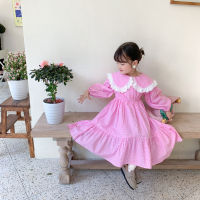 Spring New Baby Girls Cute Cotton Plaid Dresses 2021 Toddler Kids Lace Lapel Puff Sleeve Princess Dress