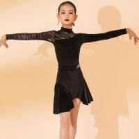 กำมะหยี่กระโปรงเต้นรำละตินสาวเด็กฤดูใบไม้ร่วงฤดูหนาวแขนยาว Rumba samba Latin Practice Dance DRESS