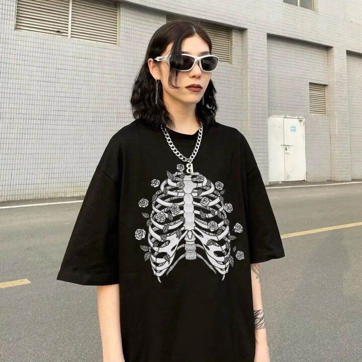 เสื้อยืดผู้หญิง-skeleton-พิมพ์-grunge-aesthetic-goth-t-เสื้อ-dark-edgy-แฟชั่น-streetwear-กราฟิกเสื้อ-gothic-unisex-tops