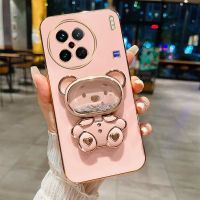 เคสสำหรับ Vivo X50 X50 Pro X60 X60 X70 X70 Pro X80 X80 Pro X90 X90 Pro 5G เคสทรายเหลวน่ารักลายหมีแต่งหน้ากระจกขาตั้งหมุนได้กล่องโลหะชุบหรูหราโทรศัพท์ซิลิโคนนิ่มกันกระแทกป้องกันฝาหลัง