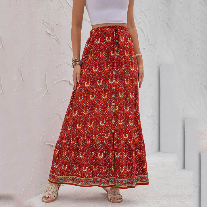 women-clothing-casual-boho-print-lace-up-maxi-skirts-summer-fashion-empire-loose-long-skirt-green-slit-beach-skirts-womens