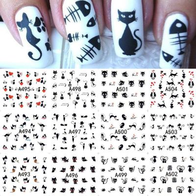 12pcs 3D Cute Cat Pattern Watermark Designs Nail Stickers Water Transfer Decals Beauty Dark Cat Nail Art Decoration