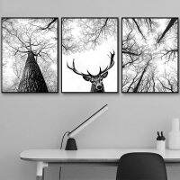 ✷ สแกนดิเนเวียนสีดำและสีขาวสาขาต้นไม้พิมพ์การล่าสัตว์โปสเตอร์กวาง Antlers Wall Art Woodland Tree ภาพวาดผ้าใบตกแต่งบ้าน