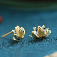 China-Chic Personalized Matching Lotus Hetian Pure White Ear Nails Female Enamel Gradual Color Flower Antique Earrings 4E6N 4E6N