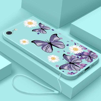 สำหรับ iPhone 7 Plus Iphone6 Plus 6S 8 Plus เดซี่น้อยหรูหราผีเสื้อเคสลายดอกไม้ซิลิคอนเหลวด้านหลังนิ่ม TPU ฝาครอบสายคล้องแบบมีเคส