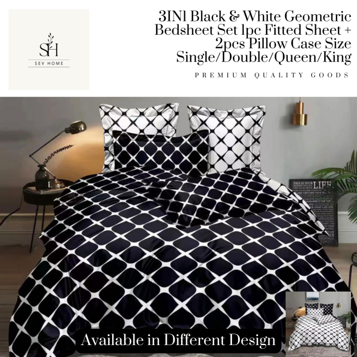 SevHome 3 in 1 Black and White Geometric Bedding Set Bedsheet