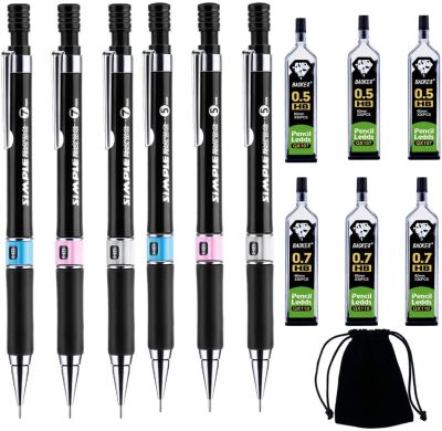 13 PCS Mechanical Pencil Set, 6 PCS HB Mechanical Pencils 0.5mm &amp; 0.7mm, 6 Cases Pencil Lead Refills 0.5 &amp; 0.7 with Black Bag
