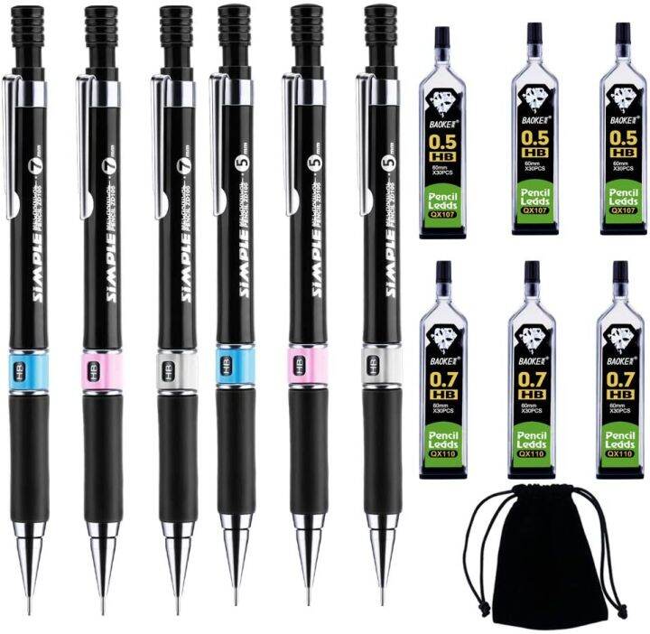 13-pcs-mechanical-pencil-set-6-pcs-hb-mechanical-pencils-0-5mm-amp-0-7mm-6-cases-pencil-lead-refills-0-5-amp-0-7-with-black-bag