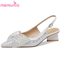 MEMUNIA 2022 New Fashion Genuine Leather Sandals Woman Strange Style Med Heels Shoes Back Strap Summer Ladies Dress Shoes