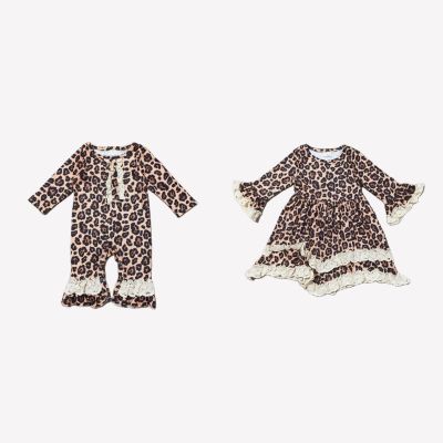 Girlymax Sibling Baby Girls Leopard Lace Ruffles Dress Knee Length Romper Milk Silk Kids Clothing
