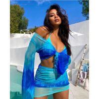 New Tie Dyed 2-piece Bikini Set V-neck Navel Pleated Mesh Skirt Swimsuit Set Women（Underwear and are not included）