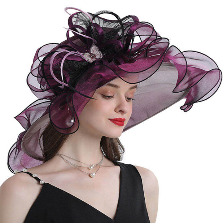 FS Flower Big Brim Fedora Hats For Women Organza White Sun Hats Ladies