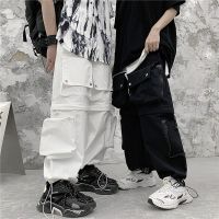 HOUZHOU Wide Leg Cargo Pants For Men Korean Streetwear White Cargo Trousers Male Darkwear Loose Casual Hip Hop Removable