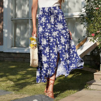 Cekcya Vintage Floral Long Slit Skirts Women 2022 Summer Casual Beach Skirt Europe America Female Elastic Waist Elegant Skirt