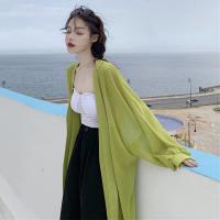 Avocado Green Sun Protection Clothing Womens Mid Length Chiffon Shirt Student Korean Loose Summer Shawl UV Protection Cardigan