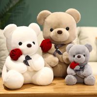 （HOT） New cartoon rose teddy bear plush toy for girls Valentines Day gift pillow doll