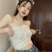 COD SDGYTRUYRT [Ready Stock] Tweed Pleated Tube Top Vest Women Halter Strapless Wrap Chest Outer Wear Inner Checked Pattern Anti-Glare Summer Vests