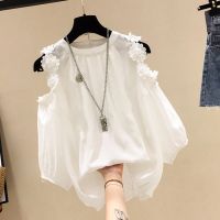 【Feb】 Plus Size Flower Chiffon Shirt Autumn Korean Style Loose Off Shoulder Female Blouse Solid Color