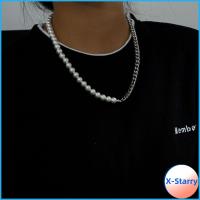 X-STARRY สร้อยคอสไตล์ฮิปฮอปประดับลูกปัดสไตล์พังก์สุดประณีตเครื่องประดับโซ่คิวบาไข่มุก