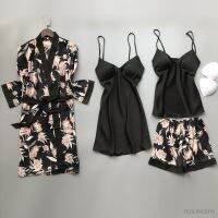 Women Summer Faux Silk 4 Pieces Robe Sets Satin Kimono Night Dress Flower Print Sexy Plus Size Nightgowns Sleepshirts Bath Robe