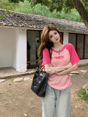 HengShanYuan เสื้อยืดแขนสั้นของผู้หญิง,เสื้อคอกลมสีสันตัดกันดีไซน์เชือกรูดเสื้อขนาดใหญ่พิเศษพิมพ์ลายสไตล์ญี่ปุ่น
