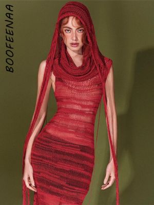 BOOFEENAA ชุดสตรีทชุดเดรสยาวแขนกุดมีฮู้ดสีแดงสีดำชุด Y2k แนวสตรีทผ้าชุดเดรสแบบถักผ้าบาง C71-DG31