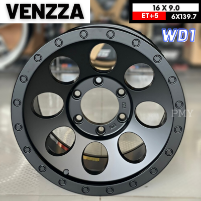 ล้อแม็กขอบ 16x9.0 ET5 6รูx 139.7 C.B 106.1🚗 ยี่ห้อ VENZZA  รุ่น WD1 (XB) 🔥(ราคาต่อ1วง)🔥 (ลูกโม่)หยดน้ำ  สีดำเงา แถมจุ๊บลมพรีเมี่ยม พร้อมส่งฟรี