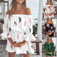 Elegant Womens Sexy Dresses Flower 2023 Summer Fashion Off Shoulder Casual Print Female Beach Dress S-XXXL