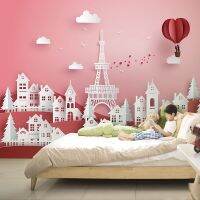 วอลล์เปเปอร์รูปภาพตกแต่ง Dinding Kamar Tidur ผนังการ์ตูนหอเหล็กลูกโป่งสีชมพูเด็กผู้หญิงห้องเจ้าหญิงห้องเด็กตกแต่ง3d ตามสั่ง