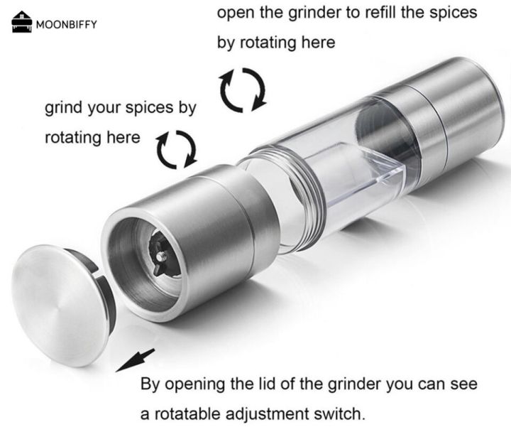 หัวโลหะสแตนเลสสองชั้นเครื่องบดพริกไทยแบบ2-in-1เครื่องมือทำครัวเกลือทะเลและเครื่องเทศพริกไทยดำเครื่องบดหัวมือกดสองข้าง