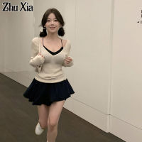 Zhu Xia เสื้อสเวตเตอร์คอวีทรงสลิมฟิตสำหรับเด็กผู้หญิง,แขนยาวสเวตเตอร์เสื้อฉบับภาษาเกาหลีทรงสลิมฟิต