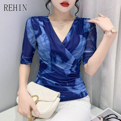 REHIN ผู้หญิงฤดูร้อนใหม่แฟชั่น Slim แฟชั่นเย็บ V คอสั้นเสื้อยืดตาข่าย Elegant S-3XL เสื้อ