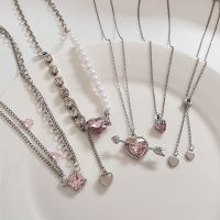 ▽♤ Kpop Fashion Vintage Hollow Pink Crystal Heart Pendant Silver Color Chain Neck Necklace for Women Girl Wedding Aesthetic Jewelry