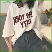 AngelCity เสื้อยืดคอวีสำหรับผู้หญิง,เสื้อยืดแฟชั่นแขนสั้นลายตัวอักษรอเมริกาแบบย้อนยุคฤดูร้อนเสื้อยืดลำลอง