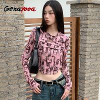 Genayooa Streetwear Pink T Shirt Women Clothes Long Sleeve Crop Top T-Shirt Grunge Aesthetic Hole Tee Shirt Femme Sp Y2k Tee