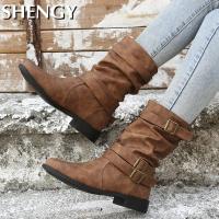 2022 Women Boots Leather Round Toe Retro Buckle Mid-Calf Boots Fashion Low Heel Motorcycle Booties Autumn Winter Botas Mujer