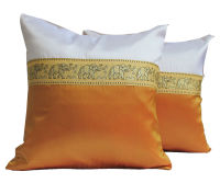 A19-Thai Silk Pillow Covers ปลอกหมอนอิง ไหมไทยลายช้าง Two Tone 16×16 นิ้ว 1 คู่ สีขาว-ทอง