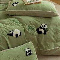 Milk Fiber Four-Piece Set Embossed Fabric Bedding Embroidery Panda Cartoon Winter Winter Fitted Sheet