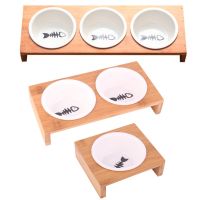 Elevated Pet Bowls, Raised Dog Cat Feeder Solid Bamboo Stand Ceramic Food Feeding Bowl Cats Puppy