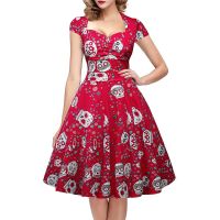 Halloween Skull Print Gothic Dress Women Vintage Square Collar Wrapped Chest Plus Size 4XL Swing Rockabilly Pin Up Retro Dresses