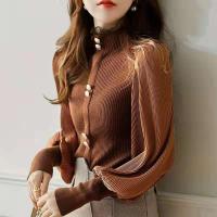 利Womens Tops for Autumn and Winter New Style Puff Sleeve Tops with Wooden Ears Design French Half High Neck Knitted Sweater Women