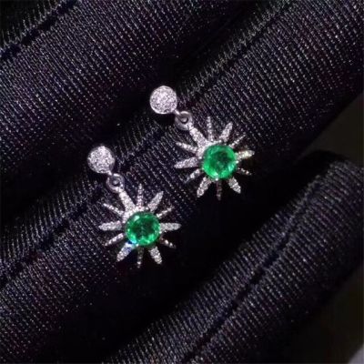 Natural Columbia Emerald Gemstone Flower Stud Earrings Real 925 Silver Earrings Fine Charm Jewelry for Women