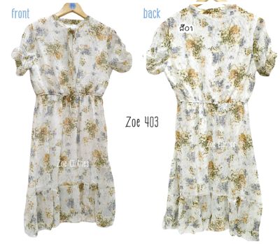 Zoe Clothes     เดรสพร้อมจัดส่ง เนื้อผ้าชีฟอง  คอกลม   พร้อมเชือกสำหรับผูกโบ  แขนสั้น จั๊มปลายแขน     ZOE 403 มีซับใน