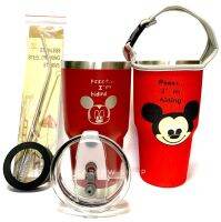 GF แก้วเยติ เก็บอุณหภูมิ ร้อน เย็น ลาย Mickey mouse มิกกี้เม้าส์  สีแดงขอบสแตนเลส ฟรี !!ถุงใส่แก้ว + หลอดแสตนเลสพร้อมแปรงล้าง + ยางรองแก้ว(คละสี)