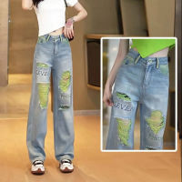 2023 Letter Print Jeans Womens Loose Hole Denim Pants Full Length Summer Fashion New High Waist Academy Pants Wide Leg Vintage Pants Womens