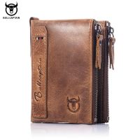 BULLCAPTAIN retro leather mens wallet leather zipper buckle short money wallet card holder coin purse RFID wallet QB06